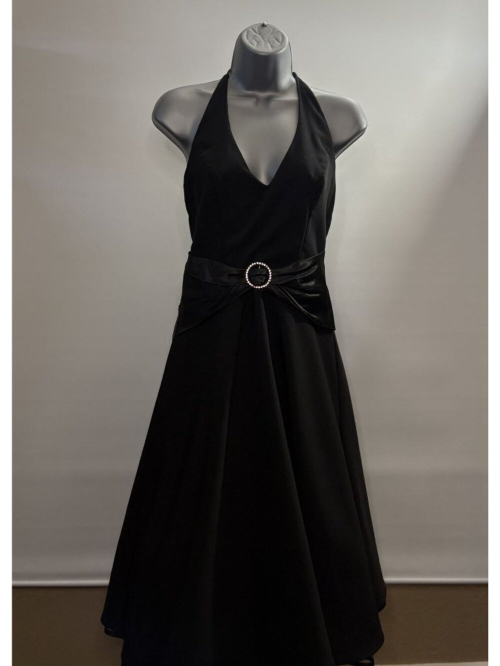 B. Darlin Black Halter Vintage Y2K Tie Back Satin Evening Dress Rhinestone Vneck - Picture 3 of 16